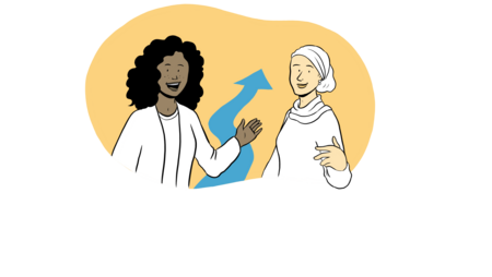 A drawing of two women interacting happily. Between them a curved arrow indicates the way forward.