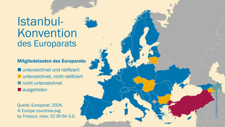 Grafik der Europakarte. Mitgliedsstaaten des Europarats, die die Istanbul-Konvention unterzeichnet und/oder ratifiziert oder nicht unterzeichnet haben, sind farbig gekennzeichnet.