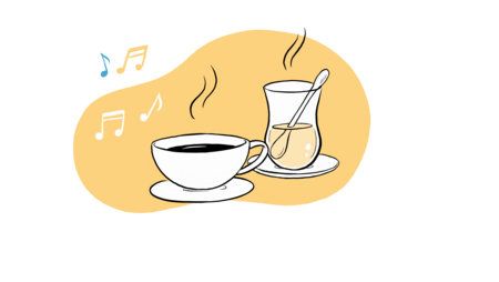 Illustration einer Kaffee- und einer Teetasse, daneben Noten in der Luft.