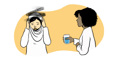 Illustration einer sichtlich gestressten Person, eine andere Person reicht ihr fürsorglich ein Glas Wasser.