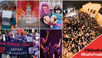 Eine Collage mit sieben Bildern von Menschen, die 2023 bei One Billion Rising mitgemacht haben.