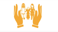 Graphic of two hands protectively wrapped around two women and a girl. 