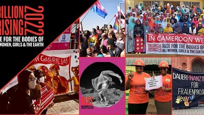Die Collage zeigt Fotos der One Billion Rising-Demos, unter anderem Plakate aus Kamerun und Deutschland. 