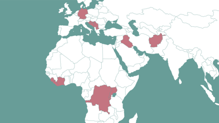 Weltkarte auf der die Regionen markiert sind, in denen medica mondiale arbeitet. 