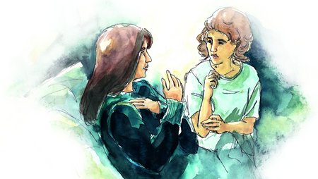 A watercolour painting from the graphic novel about medica mondiale, showing two women in a counselling session.