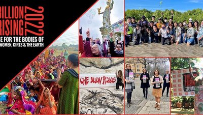Die Collage aus Fotos zeigt kleine und große Demo-Gruppen bei One Billion Rising. 