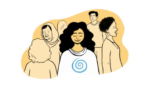 A drawing of several people, some facing each other, some in different directions. One woman in the foreground is facing us with her eyes closed, she is wearing a white top with a blue spiral printed on it.