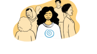 Illustration mehrerer Menschen, die Frau im Zentrum hat die Augen geschlossen, auf ihrem Oberteil ist eine Spirale aufgedruckt. 