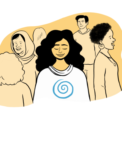 A drawing of several people, some facing each other, some in different directions. One woman in the foreground is facing us with her eyes closed, she is wearing a white top with a blue spiral printed on it.