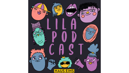 Titelbild des Lila Podcasts mit lila, blau und türkisfarbenen Grafiken auf schwarzem Hintergrund