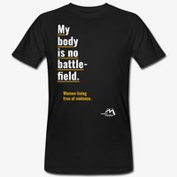 T-Shirt von medica mondiale mit feministischer Botschaft: “My body is no battlefield” 
