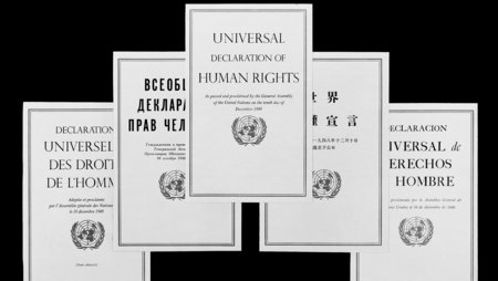 Kollage der Menschenrechtserklärung auf verschiedenen Sprachen. 