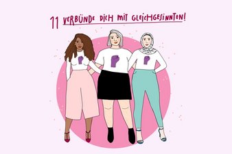 Die Grafik zeigt drei Frauen mit feministischen Symbolen auf ihrer Kleidung. Copyright: Konfettikrake/medica mondiale