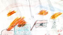 Child's drawing from the war in 1994 in Bosnia, burning houses, cars and wounded people