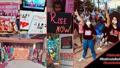 Die Collage zeigt unter anderem Menschen beim One Billion Rising-Tanz.