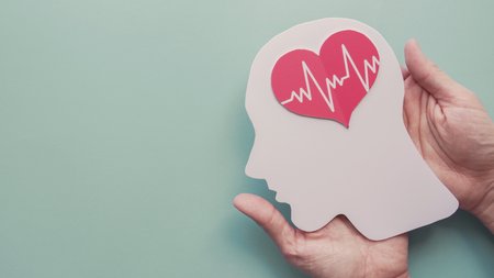 Zwei Hände halten eine aus Papier ausgeschnittene Kopf-Silhouette. An der Stelle des Gehirns befindet sich ein rotes Herz mit EKG-Kurve. 
