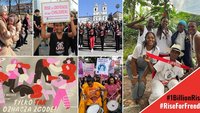 Eine Collage mit sieben Bildern von Menschen, die 2023 bei One Billion Rising mitgemacht haben.