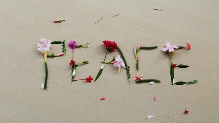 Das Wort peace (Friede) aus Blumen geformt auf Sand. 