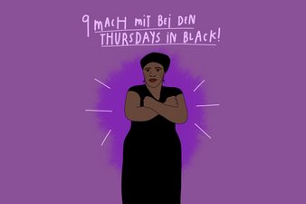 Die Grafik zeigt eine Frau, die bei der Aktion Thursdays in Black teilnimmt. Copyright: Konfettikrake/medica mondiale